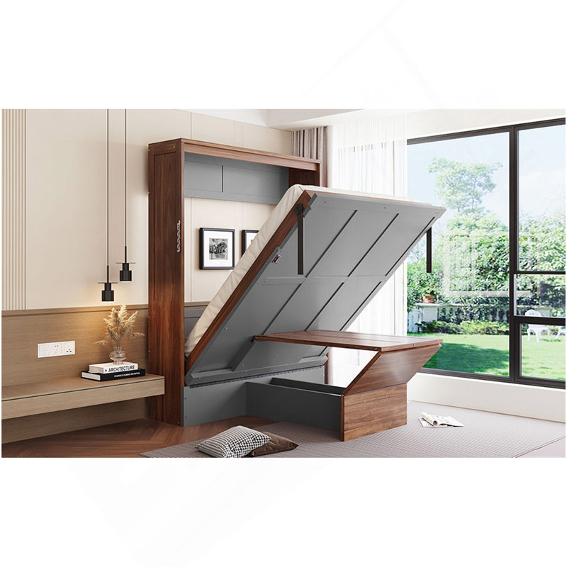 Lit escamotable double avec bureau pliable - Lit escamotable mural - Noyer et gris, Gris