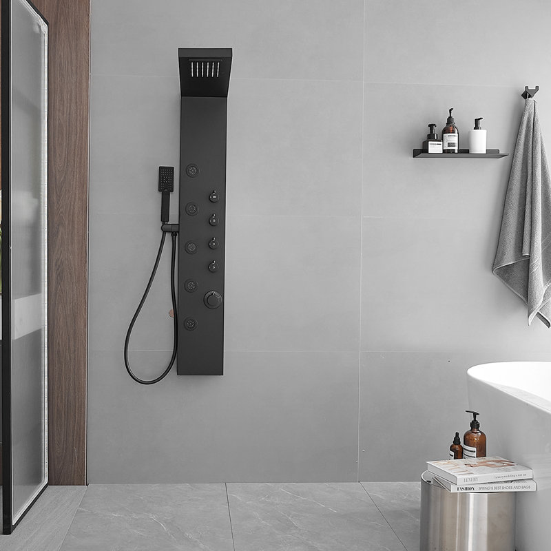 Matte Black 47'' Shower Panel with Rainfall and Waterfall Head