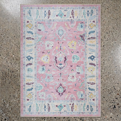 Tapis Oushak moderne rose Fame Living 2 pi 6 po x 13 pi, tapis de couloir d'inspiration antique rétro, salon, chambre à coucher (385, 2 pi 6 po x 13 pi)