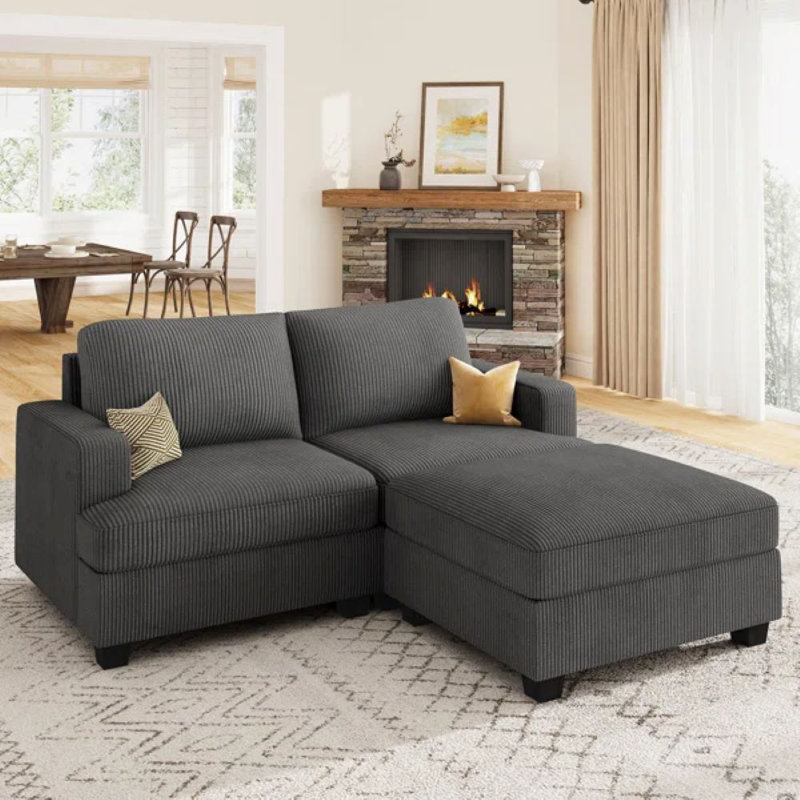 L-shaped Corduroy Sectional With Storage Ottoman, Gray Corduroy