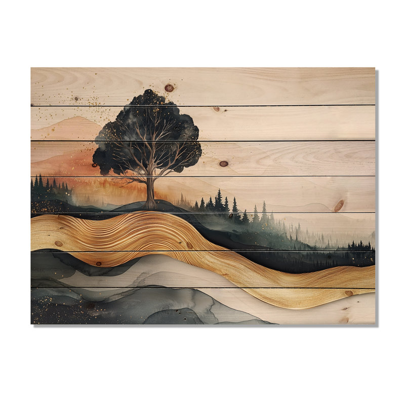 «Sunrise Forest In Marble Field Landscape II», art mural en bois forêt - sur bois de pin naturel
