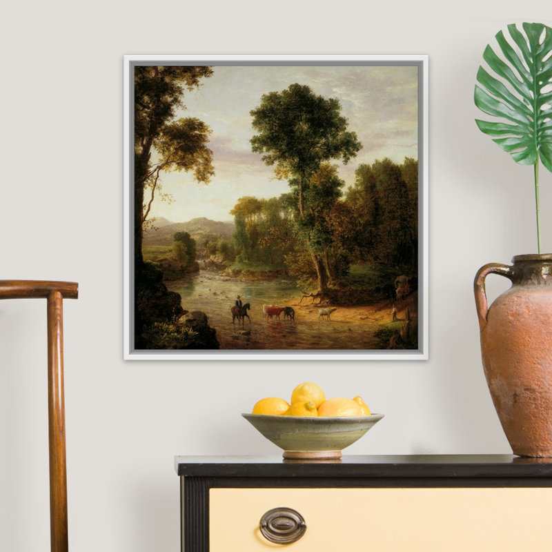 «Crossing the Ford», reproduction sur toile, Cadre flottant blanc, H 26 po x l 26 po x P 1,75 po