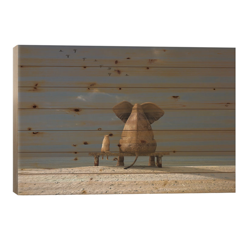 Éléphant et chien assis sur une plage, L 40 po x H 26 po