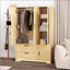 Armoire 4 portes avec miroir et DEL, armoire de rangement en bois avec tablettes réglables et 2 tiroirs, finition naturelle