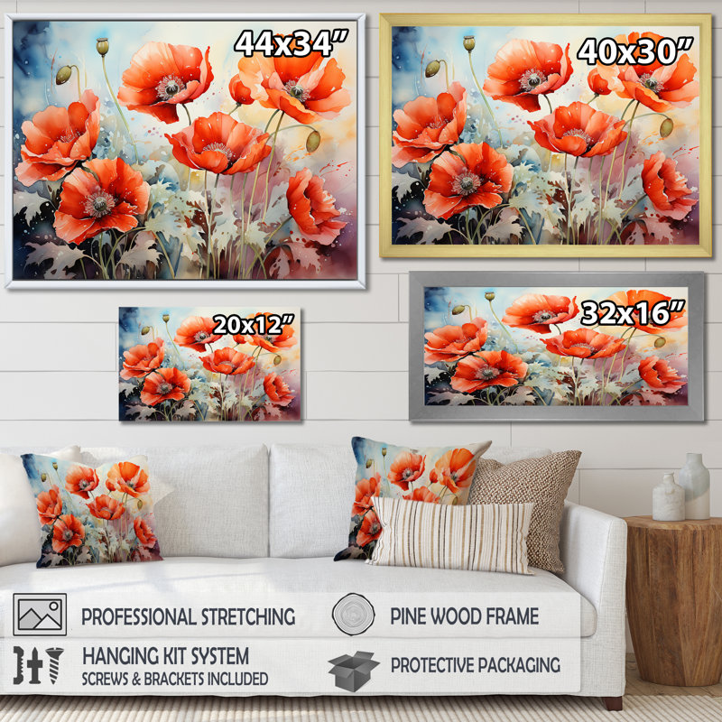 «Red and Green Poppy Reverie II», art mural coquelicots, Cadre flottant doré, H 16 po x l 32 po x P 1 po