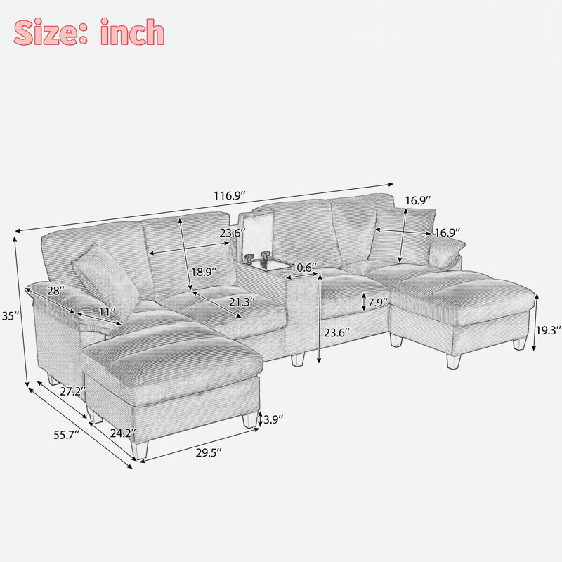 Canapé modulaire moderne en forme de U avec porte-gobelets, ports USB et repose-pieds avec rangement, Black Corduroy