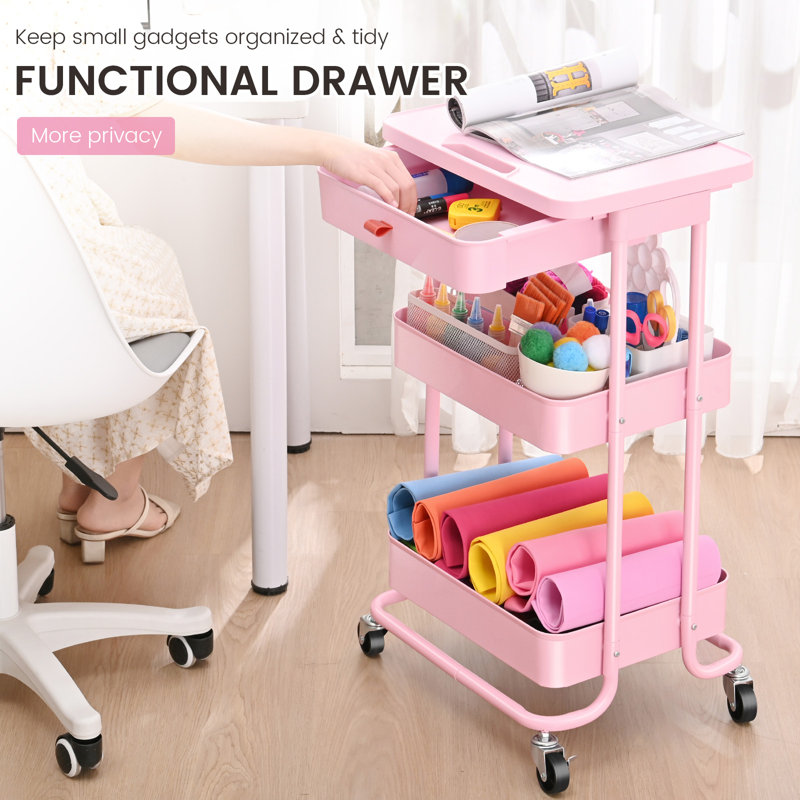 Utility Cart with Wheels,Metal Cart,3 Tier Rolling Cart With Drawer & Table Top,Bathroom Cart,Salon Trolley Cart,Kitchen Storage Cart