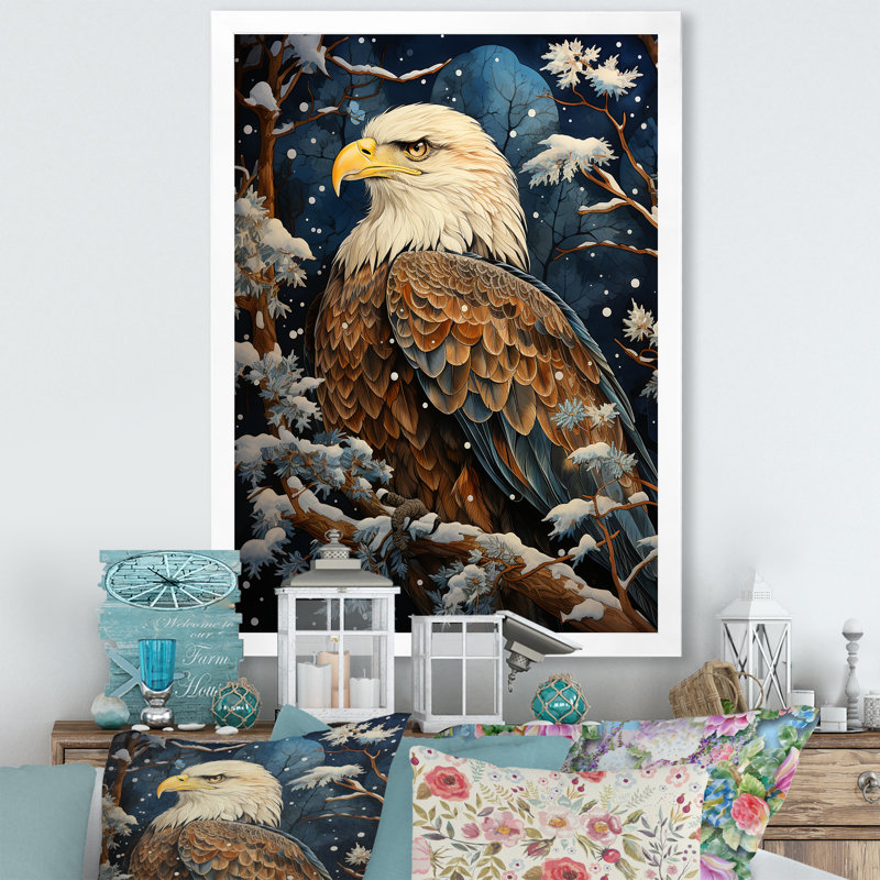 Scène d'aigle enneigé - aigle, art mural, Cadre simple blanc, H 20 po x l 12 po x P 1 po