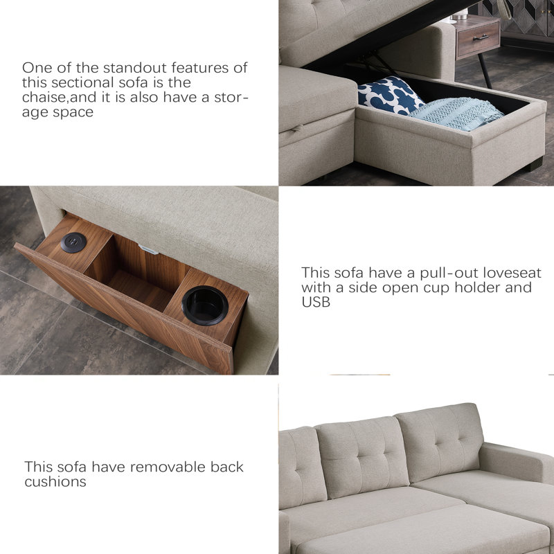 Canapé modulaire 3 pièces rembourré, Lin gris pâle