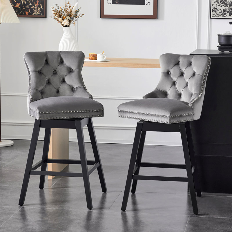 Gray Velvet Upholstered Swivel Bar Stools with Wood Legs, Set of 2