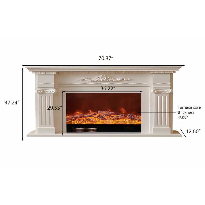 Foyer électrique ivoire en bois de chêne blanc, H 47,24 po x l 70,87 po x P 12,6 po