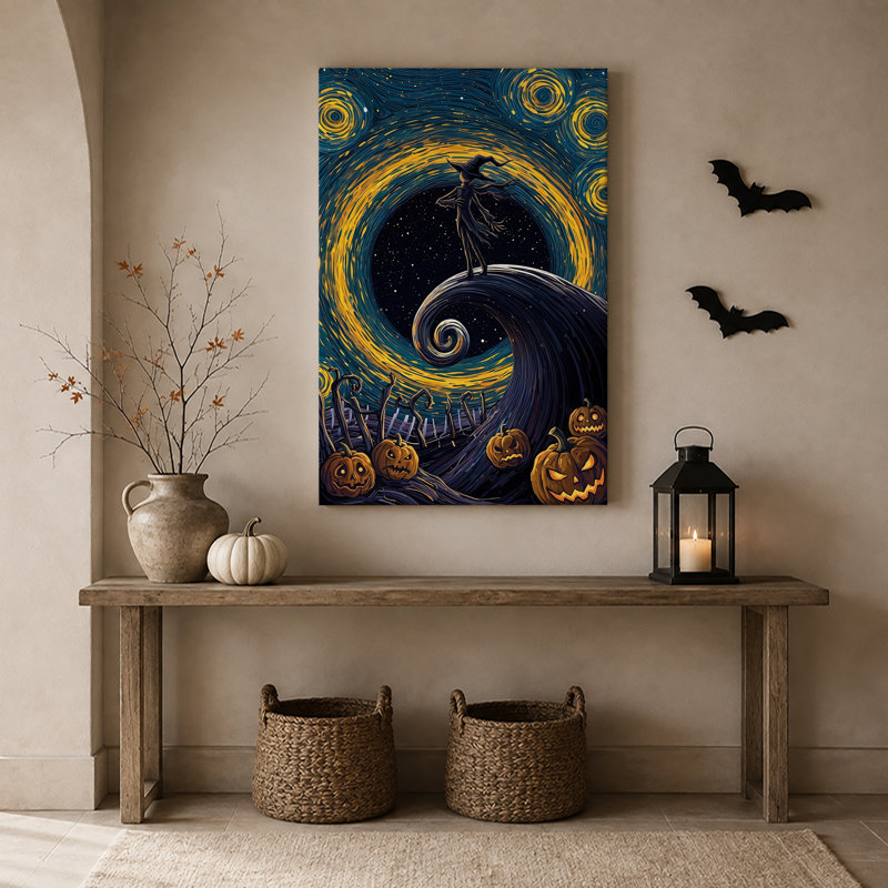 «Witch on Swirling Blue and Yellow Hill», art mural sur toile d'Halloween, H 24 po x l 16 po
