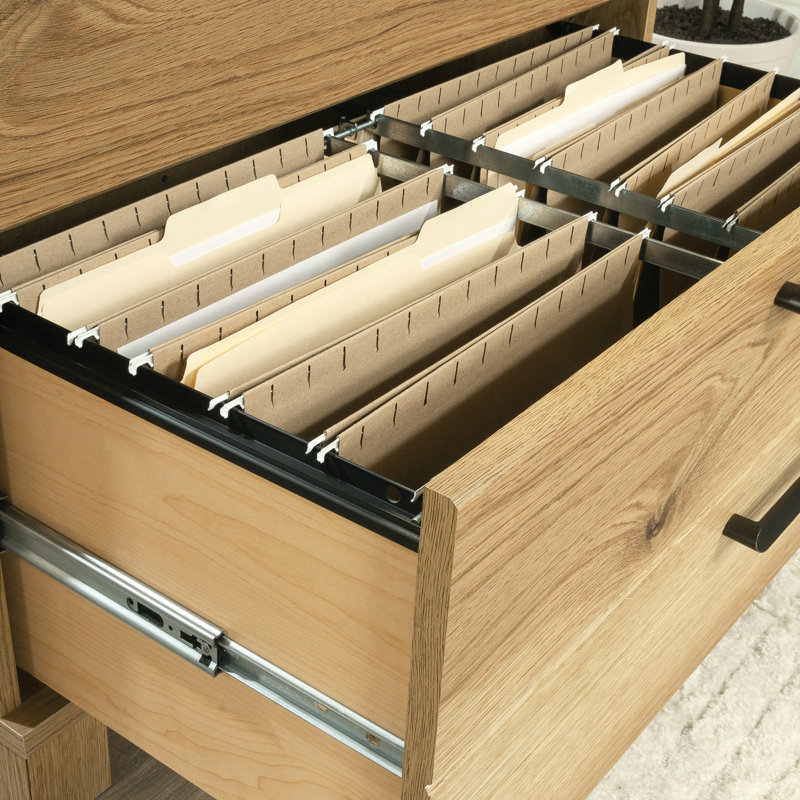 Classeur latéral rustique brun avec surface épaisse, pieds, tiroirs faciles d'accès, système de verrouillage et assemblage rapide pour une utilisation au bureau
