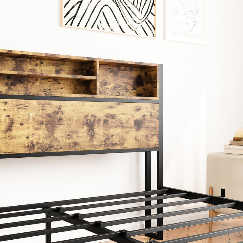 Lit plateforme en métal noir avec rangement pour tête de lit et installation de chargement - grand lit, sans sommier tapissier, silencieux, amplement d'espace, plateforme avec fonction grand lit, bruit, noir, conception pratique