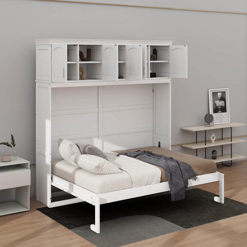Grand lit escamotable avec armoires supérieures, Blanc