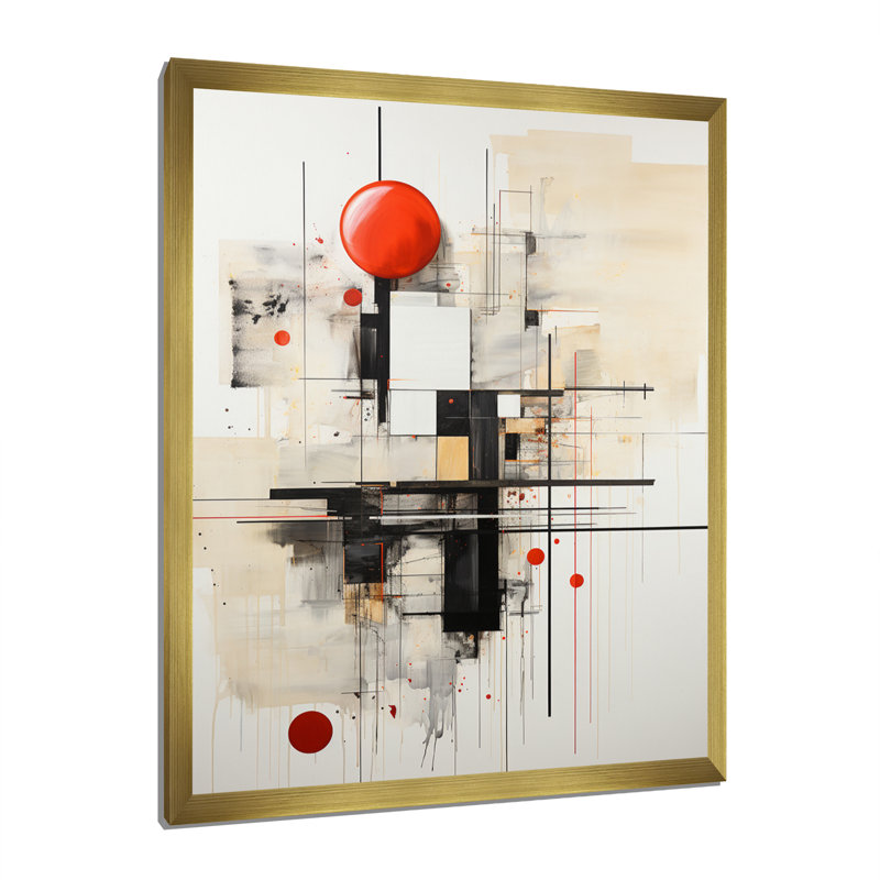 Fher gris rouge minimalisme harmonie de lignes sur toile, Encadrement doré, H 32 po x l 24 po x P 1 po