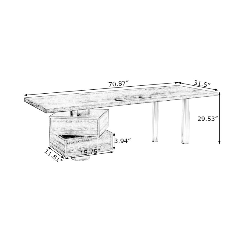Bureau rectangulaire en bois massif noir + argent + acier inoxydable avec 2 tiroirs, Retour à droite