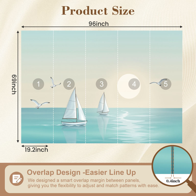 Papier peint adhésif de style bord de mer avec voiliers Calm Ocean Seagulls Soft Sunset Sun, L 96 po x l 69 po