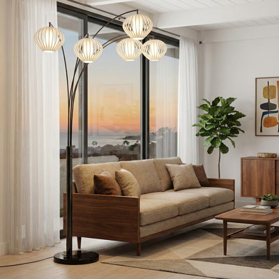 Bloom 5-Light Arc Floor Lamp - Black Nickel, Black Marble Base, White Satin Shade