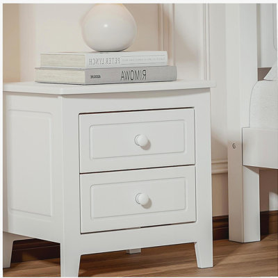 Table de chevet 2 tiroirs pour chambre à coucher, table de chevet rétro Mid-Century avec design classique, blanc