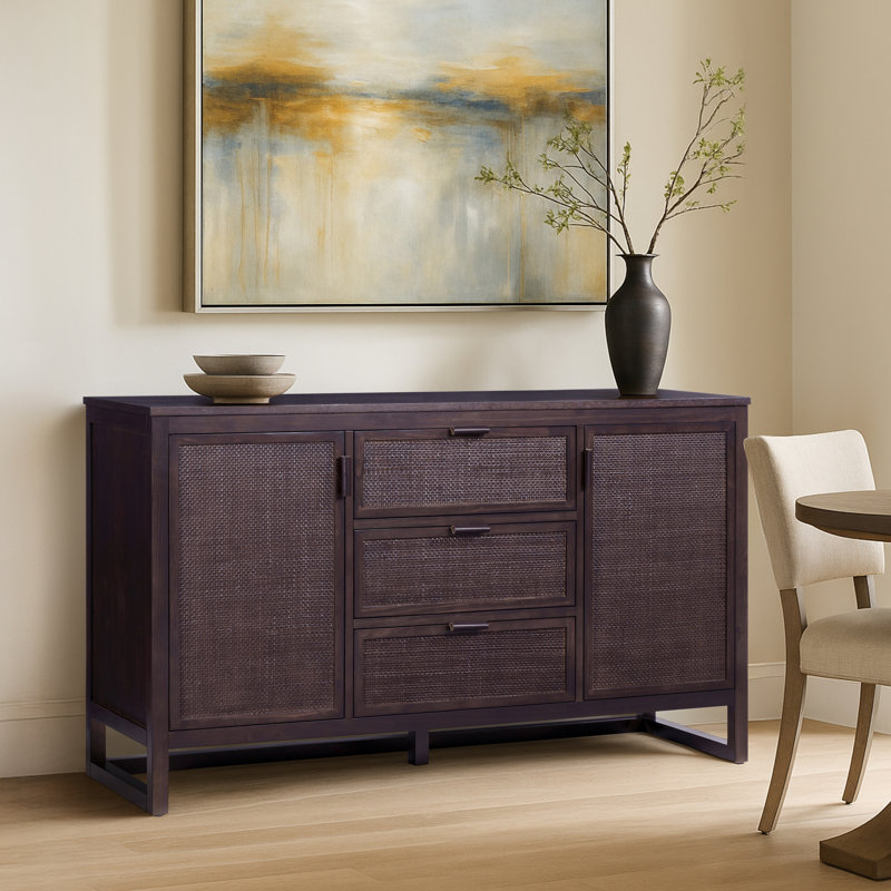 Ameer Modern Boho Solid Wood Sideboard Storage Cabinet with 3 Rattan Drawers & 2 Doors, Adjustable Shelves, Black