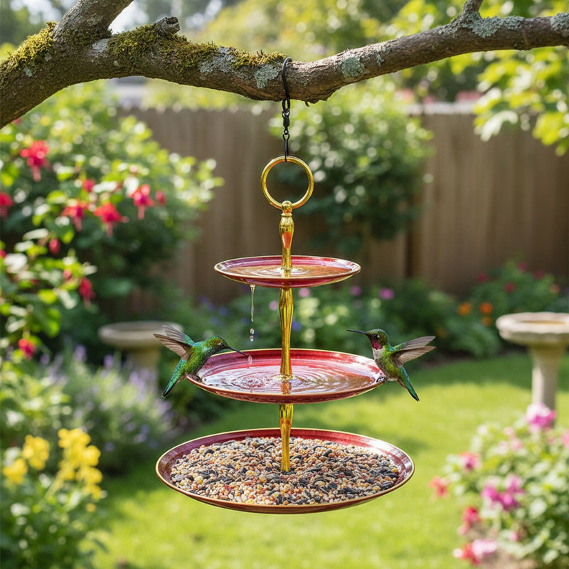 Mangeoire à oiseaux multi-usages suspendue à 3 couches pour décoration de jardin, baignoire à oiseaux, plateforme à oiseaux, rouge