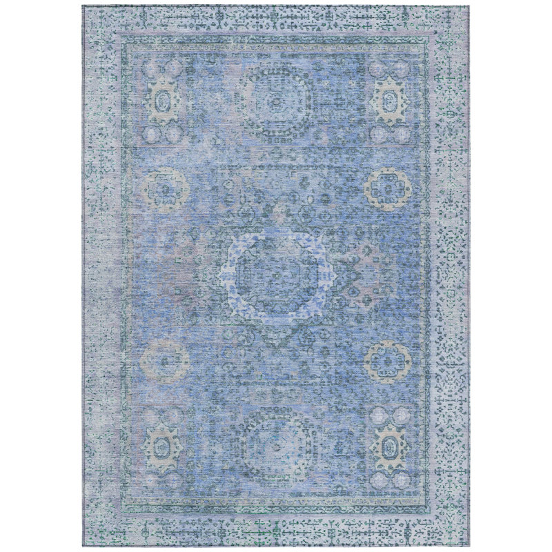 Machine Washable Indoor/Outdoor Xhevrie Blue Rug, Rectangle 2'6" x 3'10"
