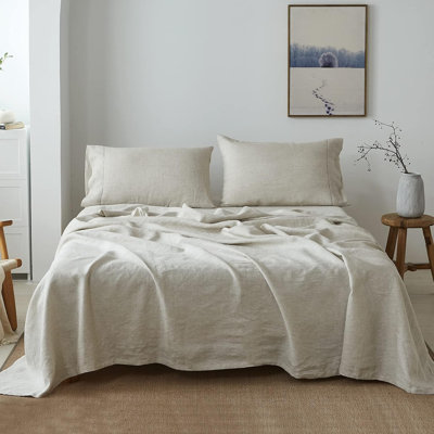 100% French Linen Sheet Set Handmade Hemstitch-4 Pcs Natural Flax Farmhouse Bed Sheets(1 Flat Sheet 1 Fitted Sheet 2 Pillowcases)