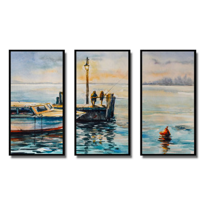 " Two Men Fishing At Dusk At The Pier " 3 - Pieces