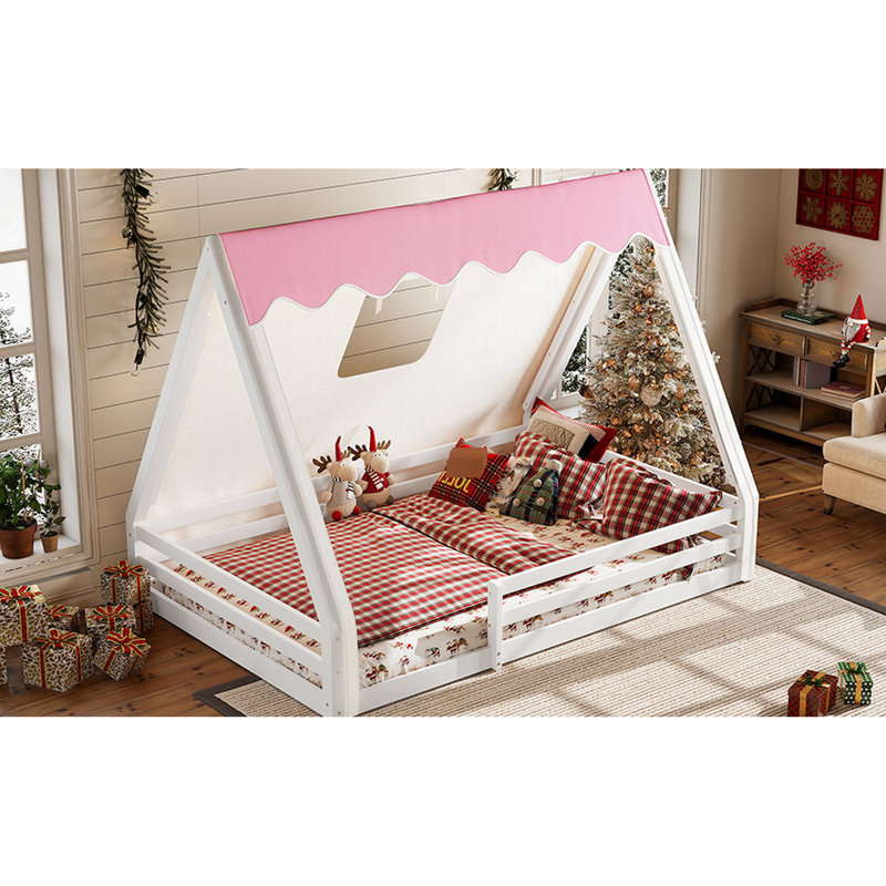Lit double pleine grandeur avec tente blanche et rose, - Centre, garde-corps en bois massif, base, longueur