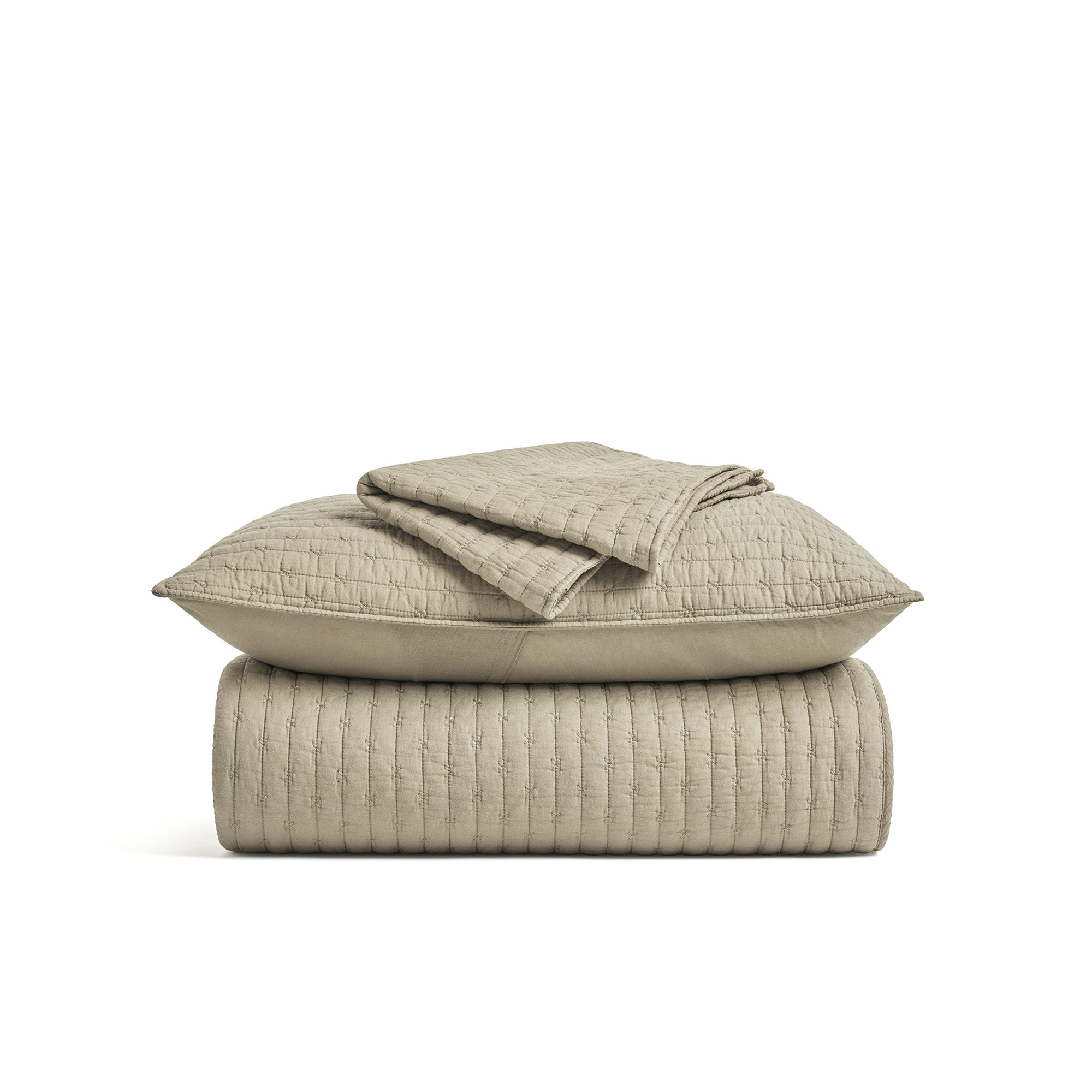 Cross Stitch Cotton Quilt set, Queen, Khaki Tan