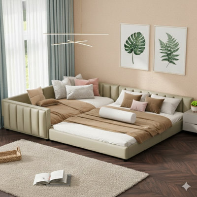 Queen Size & Twin XL Size Upholstered Platform Bed, Designed As A Mother & Child Bed, In PU Leather, Beige.