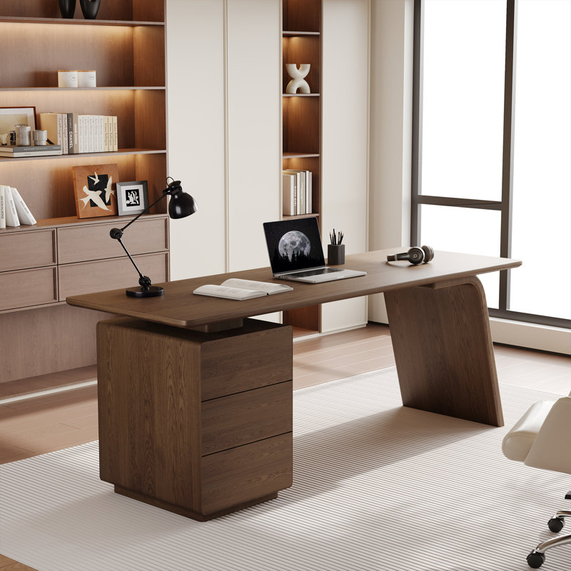 Modern Wood Veneer Office Desk With 3-Drawer Cabinet – Rectangular Writing Table