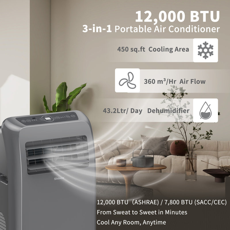 Shinco 12,000 BTU(ASHRAE) Portable Air Conditioner(Copper Tube) - 3-in-1 Cool/Dehumidifier/Fan for Rooms Up to 450 sq.ft, Remote Control & 24H Timer, Compact AC Unit for Bedroom/Office, Gray