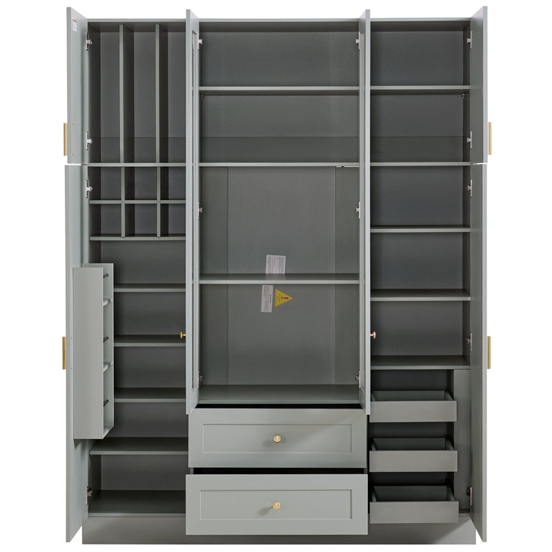 Grand garde-manger moderne avec 6 portes, armoire de rangement l 53,2 po x l 17,7 po avec tiroirs, tablettes réglables, plateaux coulissants et support à vin pour la salle à manger, vert