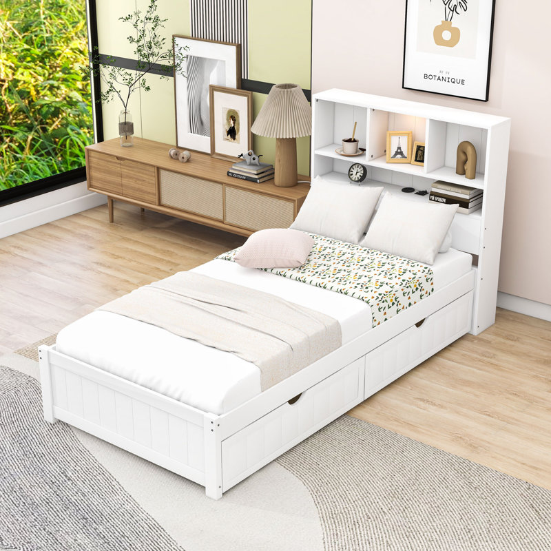 Wood Two Drawers Platform Bed with Bookcase Headboard, Built-In Night Light and Charging Station, Twin, White