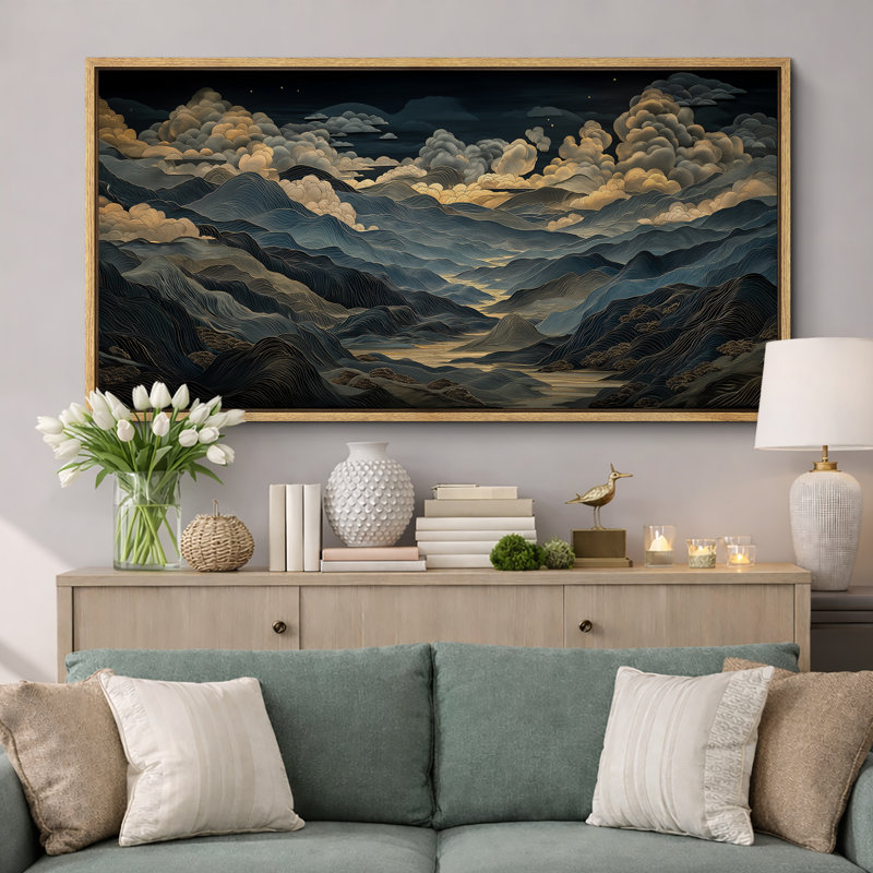 "Dreamy Night Mountain Clouds Fantasy Landscape", très grandes photos, impression sur toile encadrée, H 30 po x l 60 po