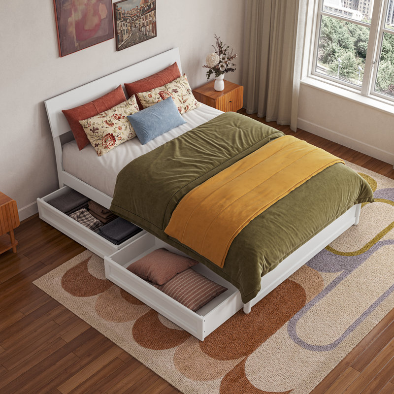 Lit plateforme en bois avec tiroirs de rangement Norla, Full, White