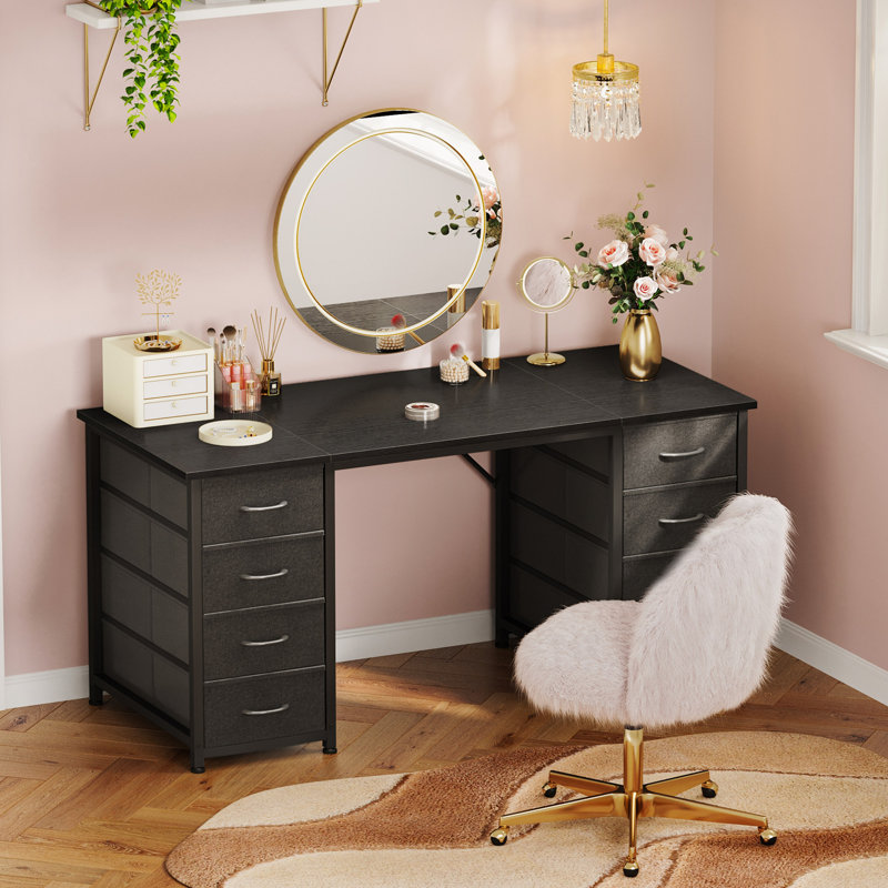  Home Office Desk With 8 Spacious Fabric Drawers, Modern Writing Desk With Sturdy Design, Corner Desk With Reversible Structure