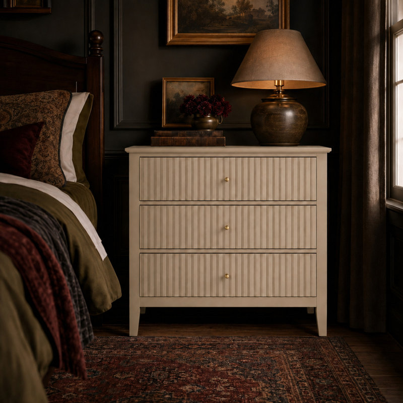 Commode 3 tiroirs 32 "avec façades cannelées, Beige