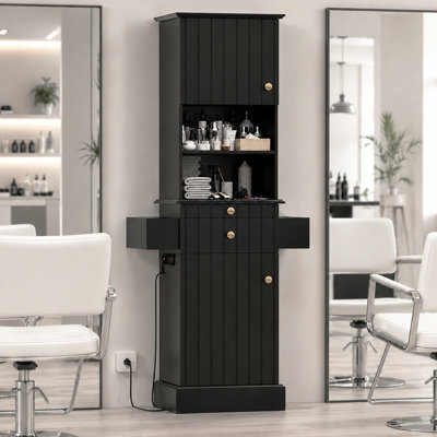 Freestanding Salon Station for Hair Stylist, Barber Station with Drawers, Storage Cabinets, Power Outlets and Aluminum Hair Dryer Holders