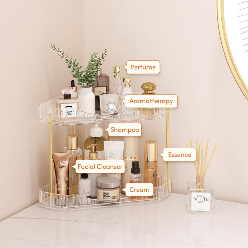 Organisateur de comptoir de salle de bain d'angle à 2 niveaux, comptoir de rangement en plastique pour maquillage, grande tablette de parfum pour lavabo