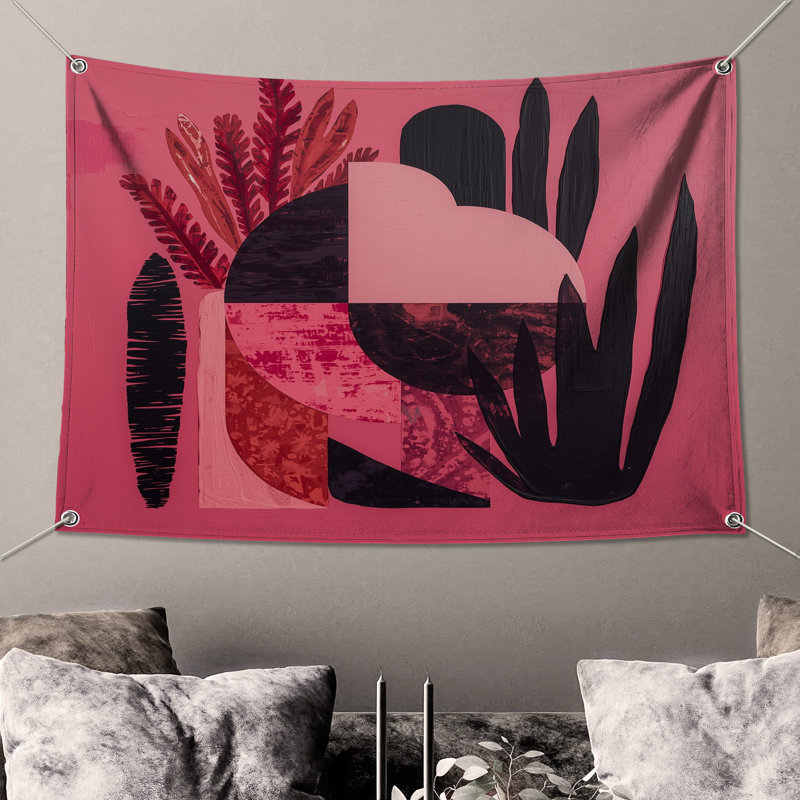 Tapisserie murale abstraite géométrique rose - Décoration murale abstraite, H 104 po x 88 avec 4 œillets