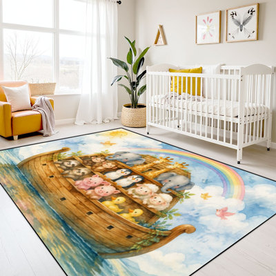 10x14 Kids Learning Rug Washable Area Rugs for Classroom, Cute Animal Noah Ark Elephants Giraffes Monkeys Pastel Back to School Learning Carpet for Preschool Nursery Soft Rubber Backed Non-Slip
