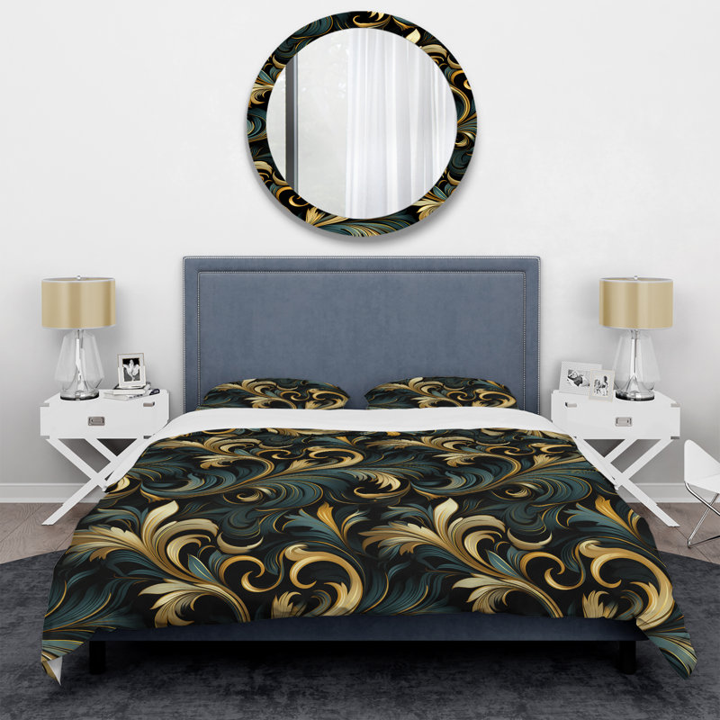 Ensemble de housse de couette Gold and Blue Luxury Damask Symphony IV, Housse de couette pour très grand lit et 2 très