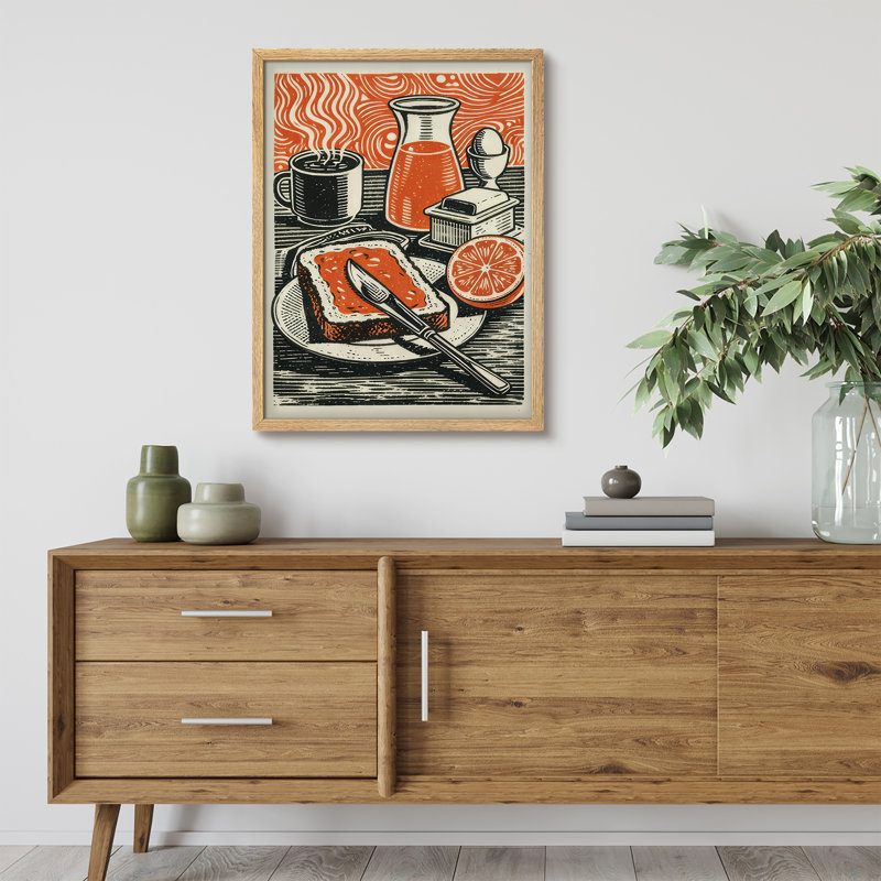 Retro Breakfast Still Life Framed Wall Art Prints - Coffee Toast Kitchen Dining Room, H 14 po x l 11 po, Naturel