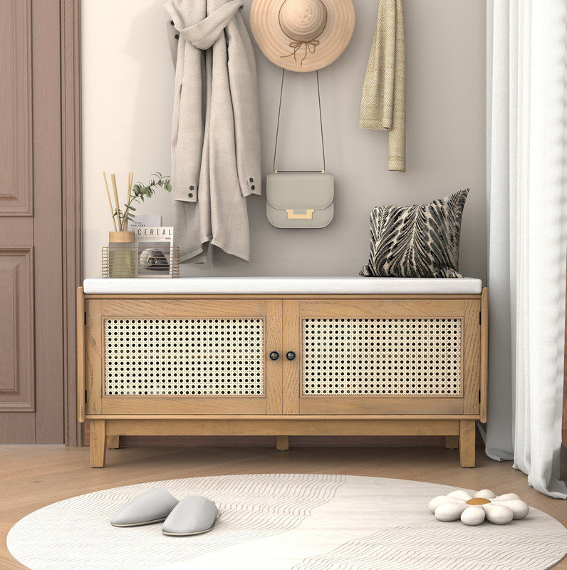 Banc de rangement en rotin avec rangement Boho, Bois naturel