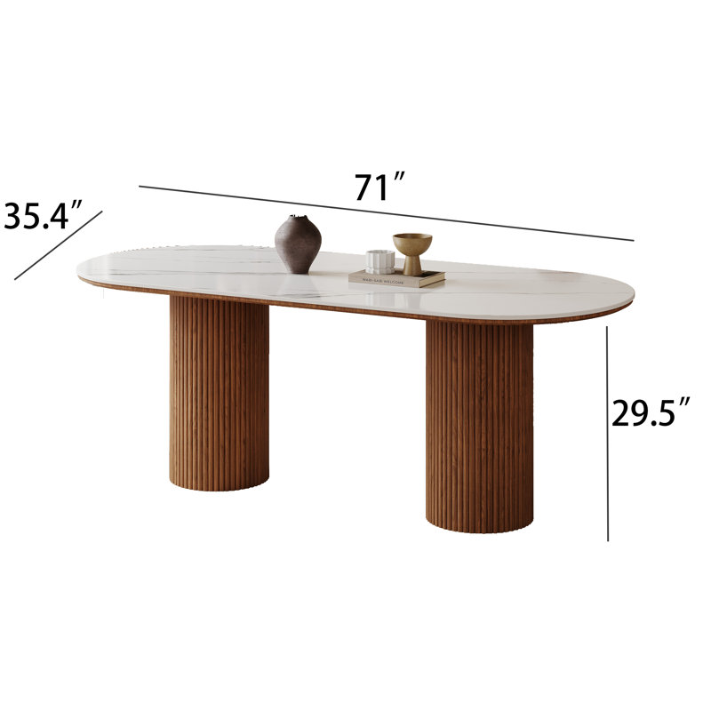 Solid Wood Base Oval Modern Dining Table,Kitchen & Dining Room Tables,Rectangulardining Table For 6, Walnut, White Quartz
