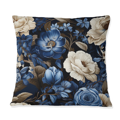 Blue Renaissance Roses Victorian Pattern III - Floral Printed Throw Pillow