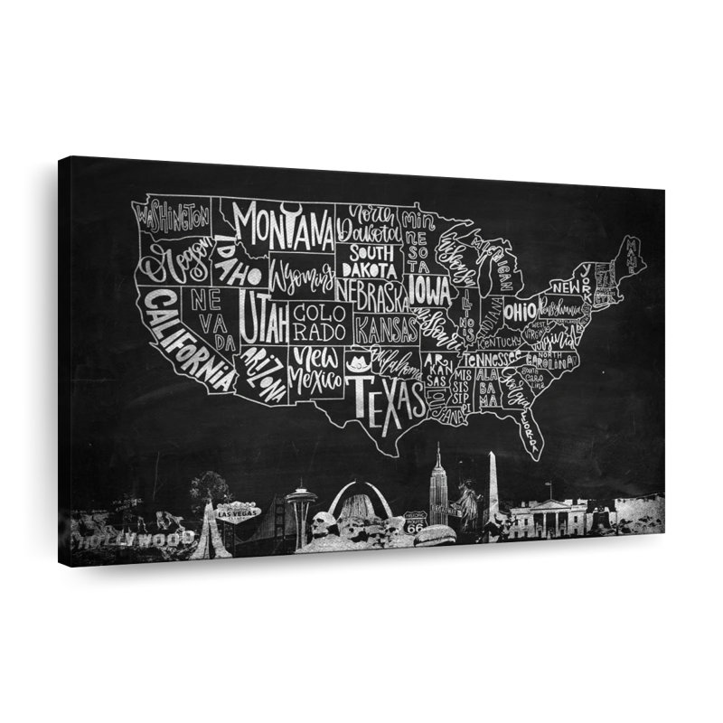 Carte des États-Unis sur toile, H 8 po x l 12 po x P 1 po